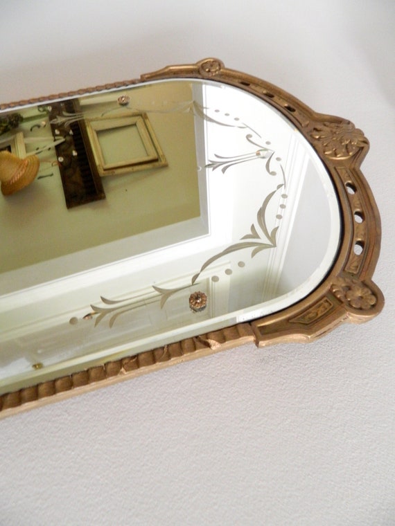 Vintage Etched Mirror Beveled Gesso/Wood Frame
