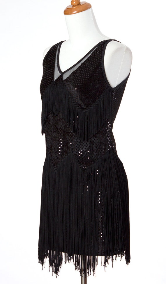80s Vintage Dress Black Fringe Flapper Dance Costume XSmall