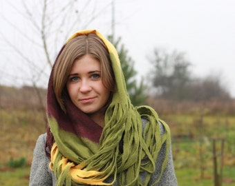 Infinity scarf - Cobweb felted Circle wool scarf - necklace / yellow olive green aubergine - Mothers day gift