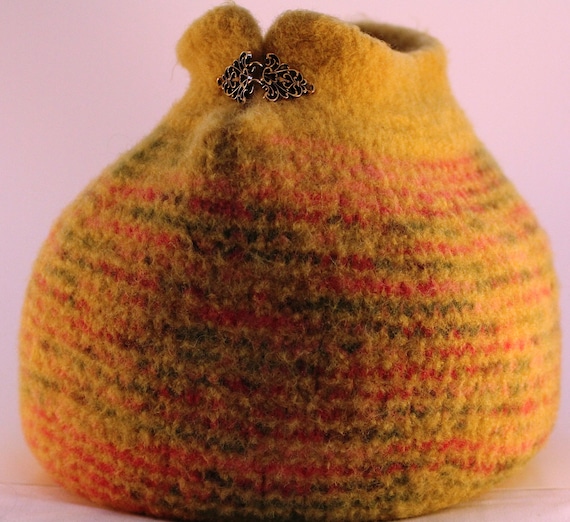 Hand Knit Felted Wool Ginormous Yarn Bowl Yellow Pink