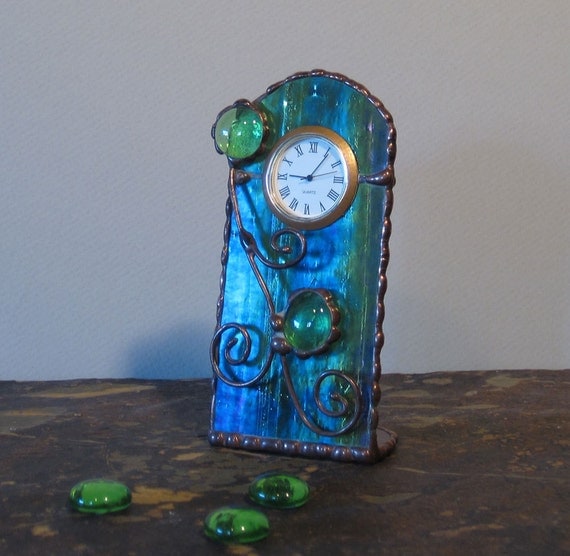 Unique Stained Glass Desk Clock Blue Green Purple and Gold