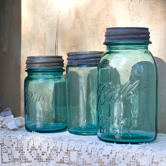 Vintage teal trio of Mason style jars two Ball all with