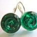 Vintage glass 2-hole button earrings, emerald green glass buttons, silver leverbacks