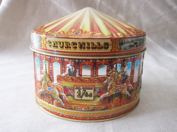 Vintage tin canister Churchill's of London carousel tin