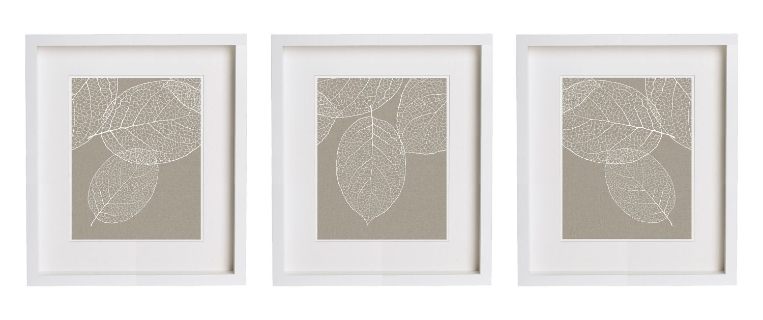 West Elm Leaf Print Gray Taupe Wall Art - Set of Three Prints