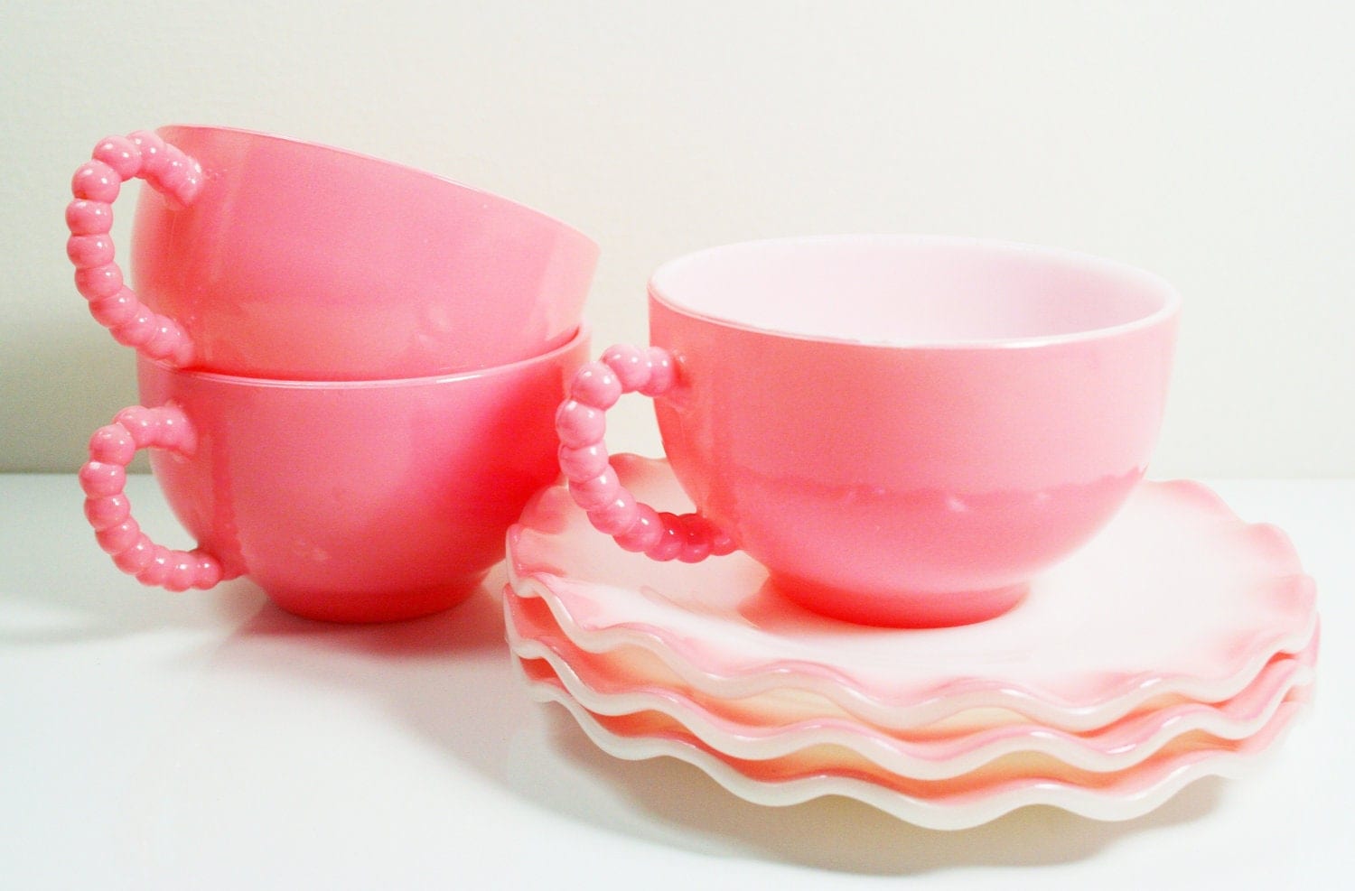 Hazel Atlas Crinoline Pink Ripple Cups and Saucers Set of Six