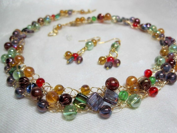 Download Wire Crochet Beaded Necklace Set in Red Gold Green and