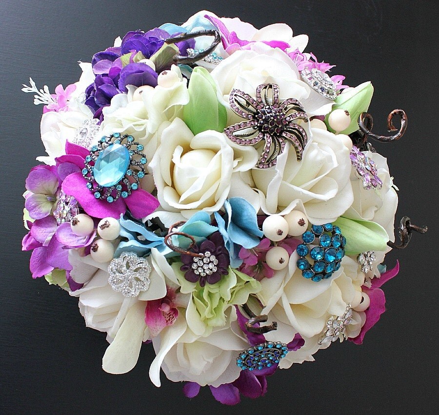 Exquisite Jewel Toned Brooch Studded Bridal Bouquet with Real