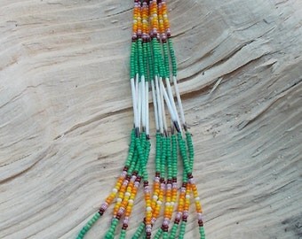 Native American Inspired design - Desing Glass Sead Beads and Porcupine Quills Dangling Earrings - "Cactus Flower"