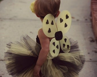 Bumble Bee Couture Halloween Costume Black and Yellow tutu with Matching Headband and Wings Newborn-2T