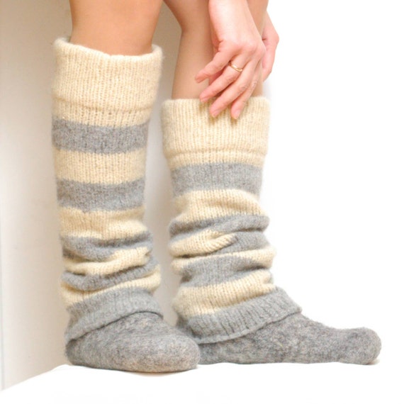 Boiled Wool Striped Leg Warmers White Gray Knit Leg Warmers