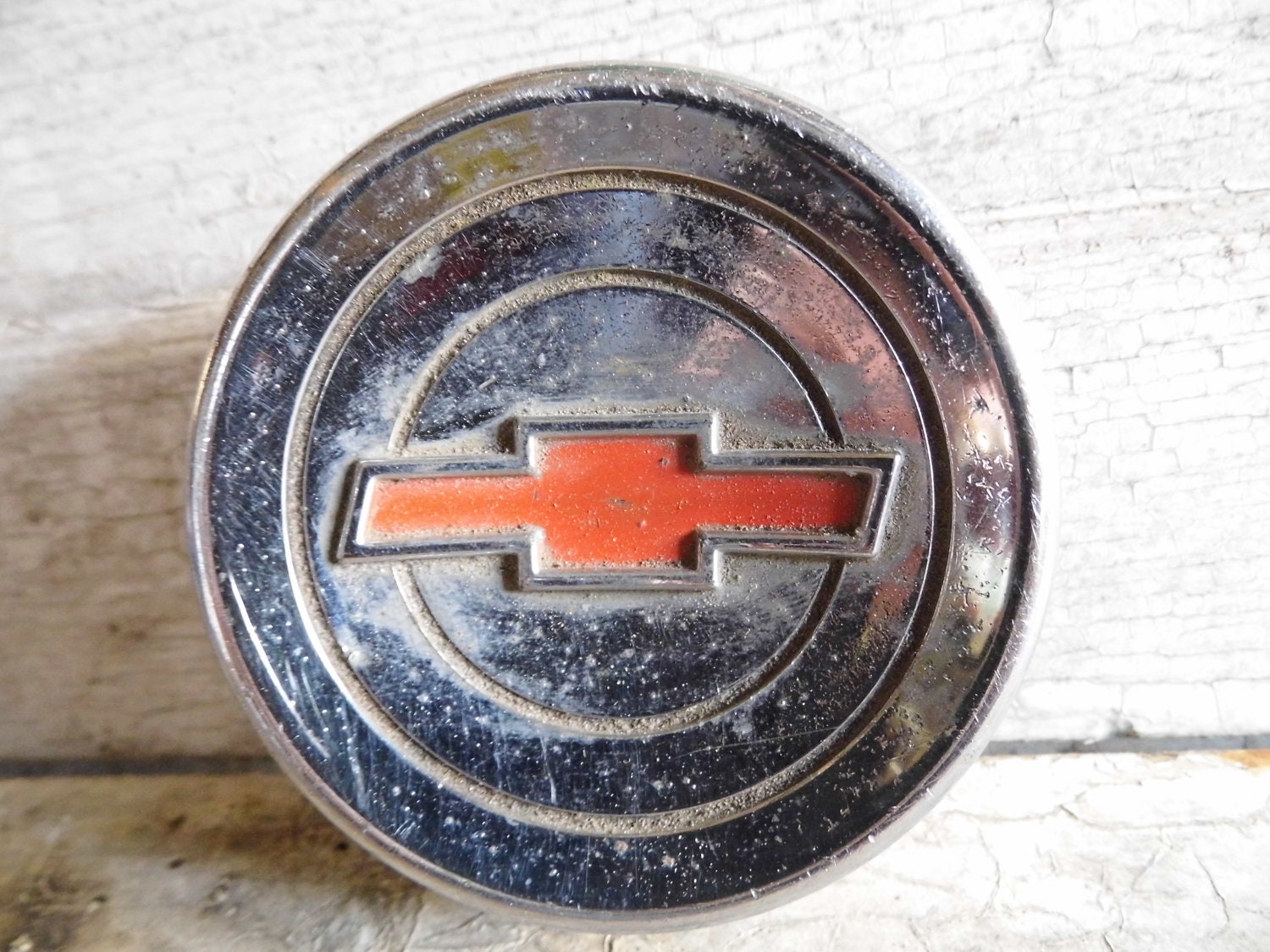 Vintage Industrial Chevy Chevrolet Gas Cap with Red Logo