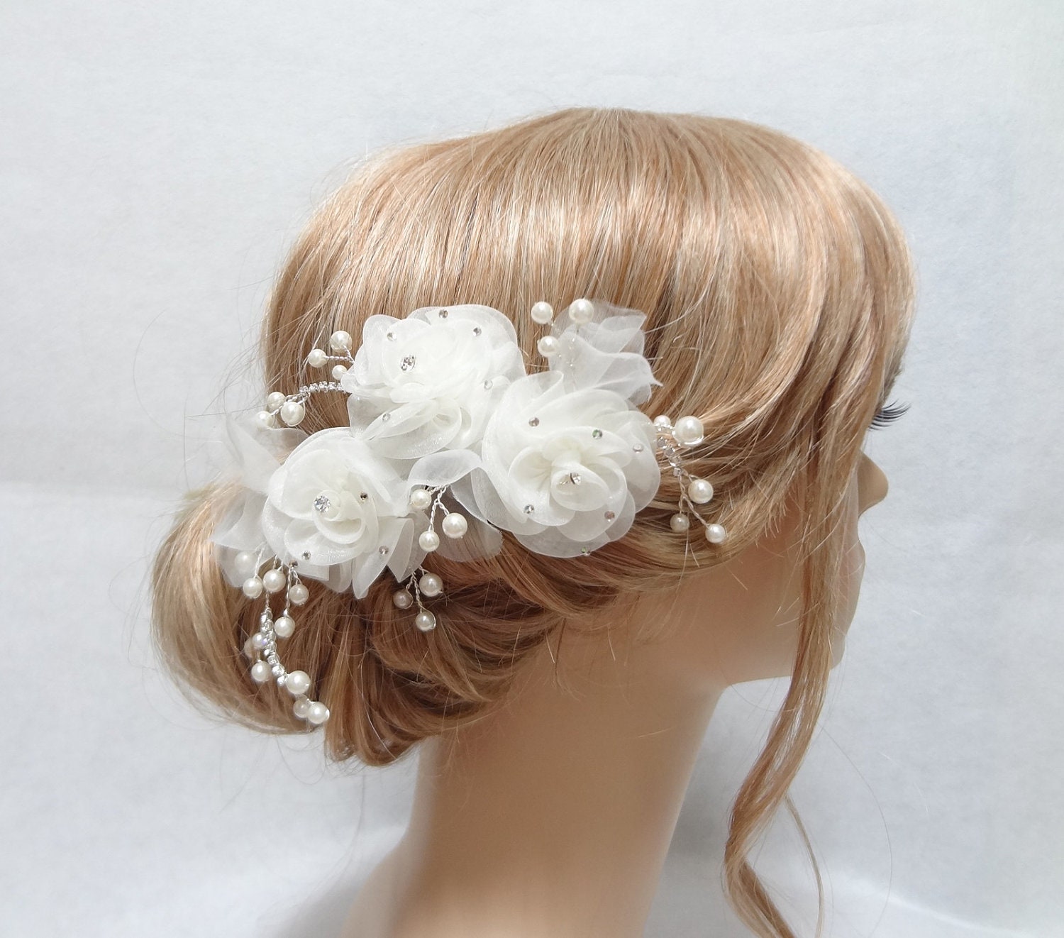 Headpiece White organza bloom with rhinestone pearls bridal