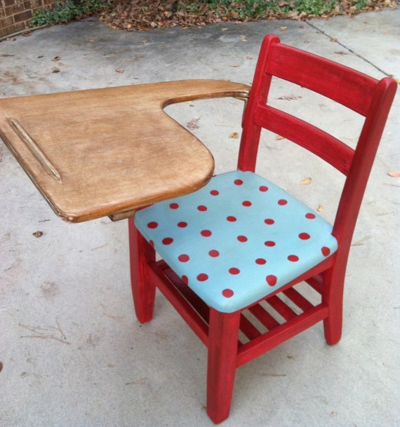 Vintage Childs School Desk Turquoise and Red Hand Painted and