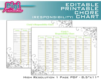 Editable / Printable Chore Chart Responsibility Chart - 8.5"x11" PDF - Instant Download