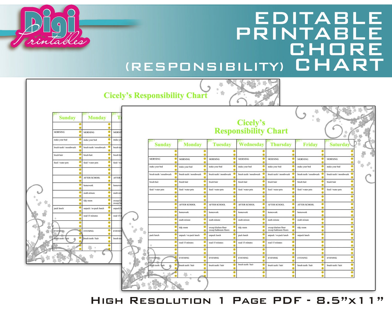 Editable / Printable Chore Chart Responsibility Chart