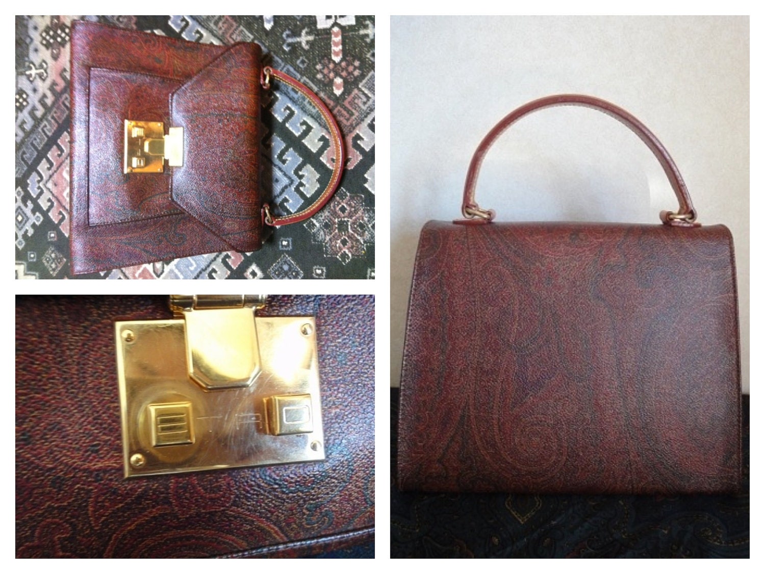 Vintage Etro kelly style handbag with iconic paisley pattern.