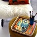 SALE Vintage tray owl bird print West German Screen Printing solar power yellow tangerine 70s entertaining cocktail