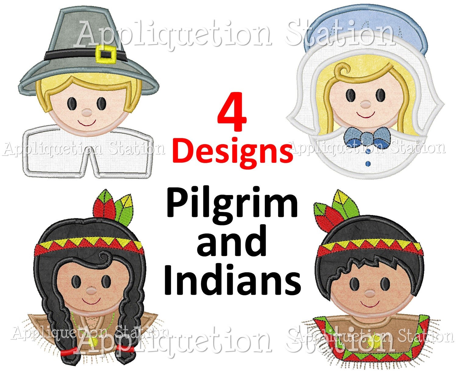 Thanksgiving Kids Pilgrim and Indians Set of 4 Applique