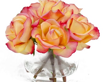 Real Touch Yellow Rose Tipped Pink Round Glass Vase Artificial Faux Arrangement