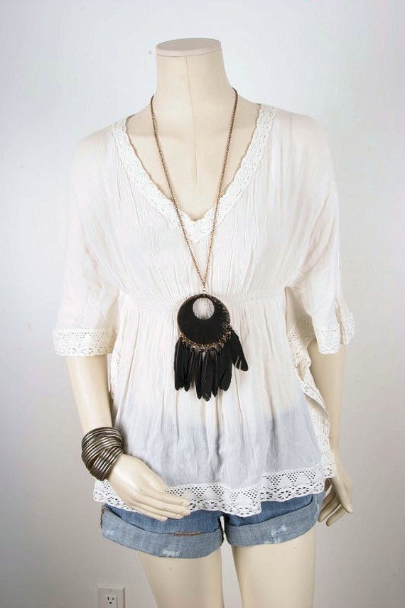 Peasant blouse white top Bohemian Gypsy Hippie vintage women