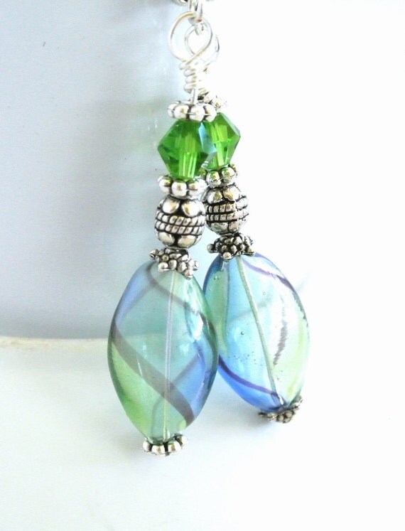 Items similar to Blue and Green Murano Blown Glass Earrings, Blue and ...