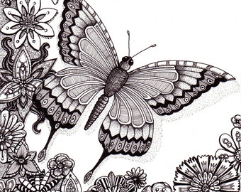 Flower sketches: Flutter By Butterfly. Beautiful and original whimsical  abstract psychedelic Ink drawing illustration butterfly flowers