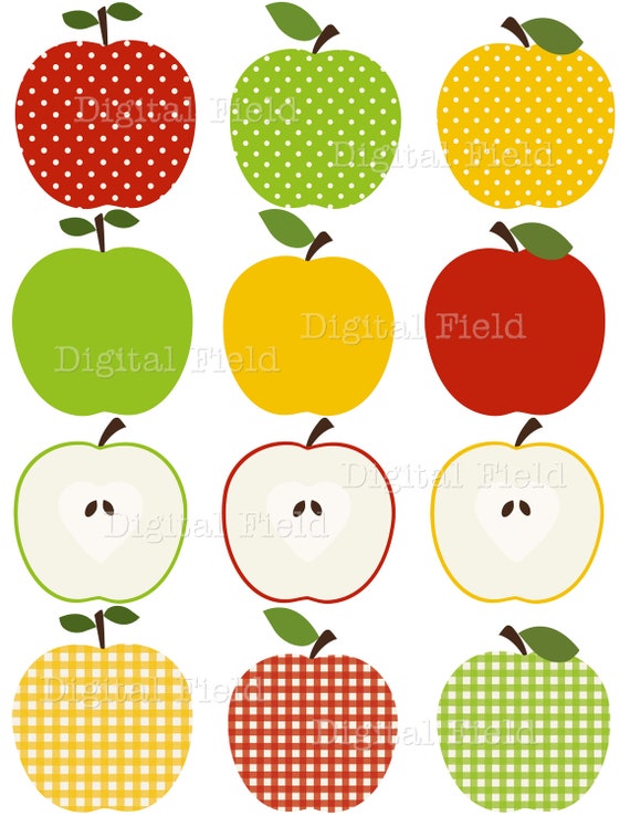 Apple Clip Art Set red green and yellow patterned printable