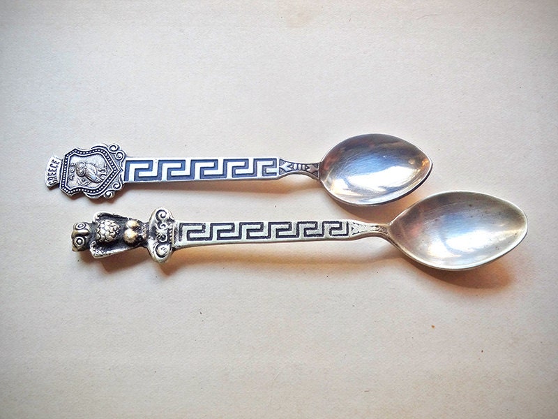 Vintage Souvenir Spoons Greek Key and Owl Ornate Serving Spoons from