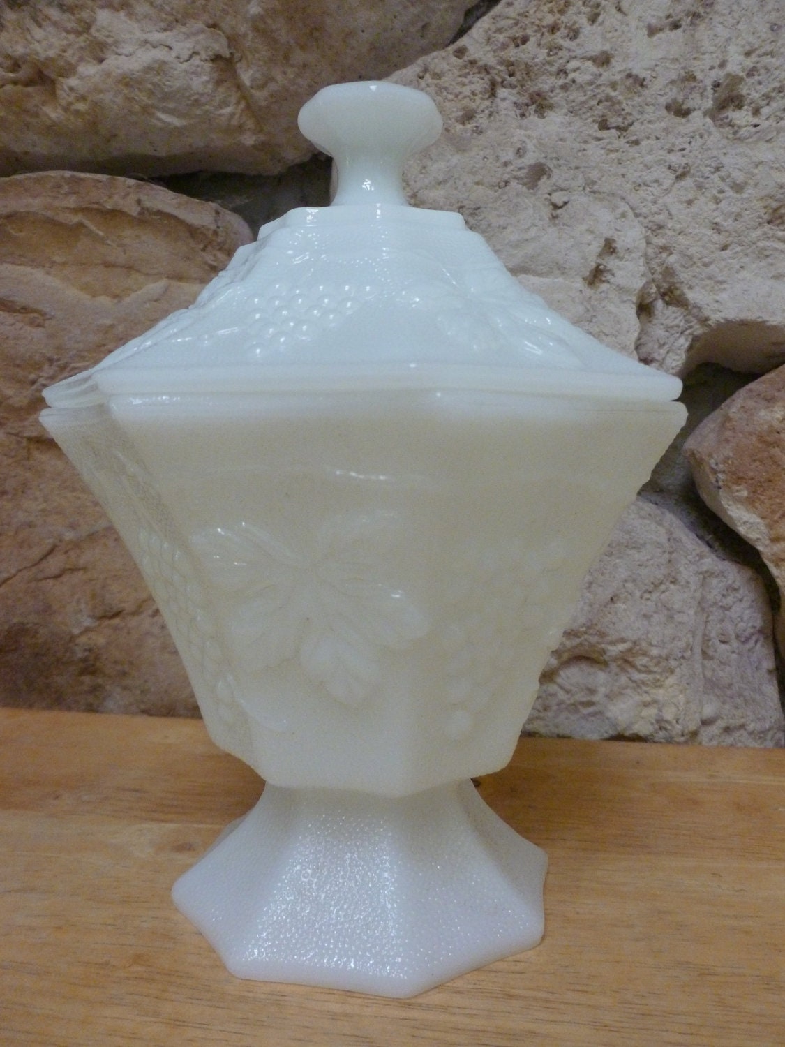 Vintage Milk Glass Pedestal Candy Dish with Lid 8 sided