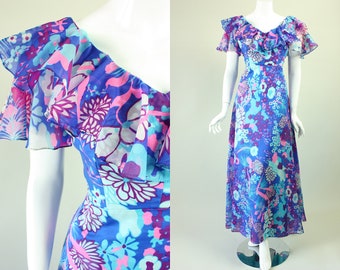1970s Chiffon Dress Light Blue with Floral Print Butterfly