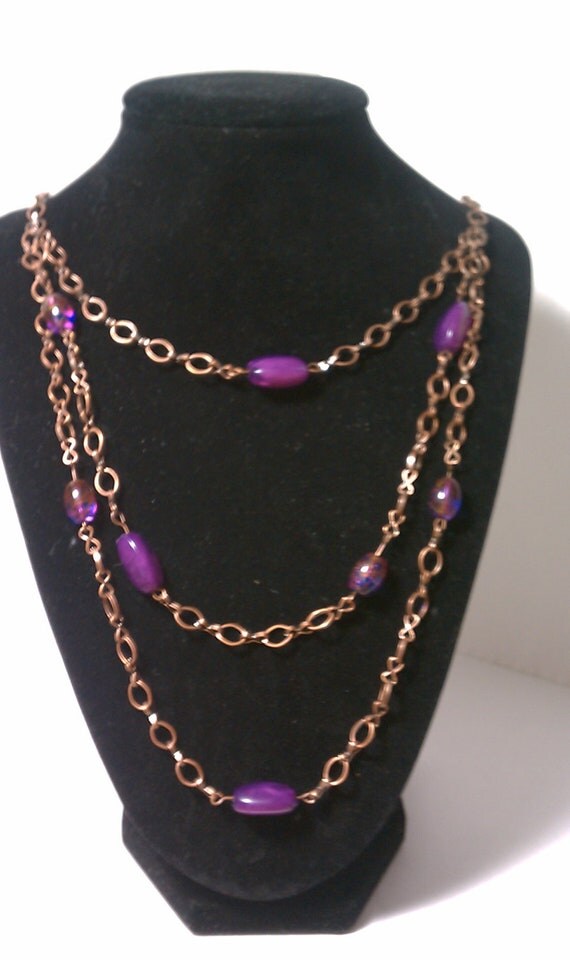 Womens' Multi-Tiered Bronze Link Necklace with Purple Beads