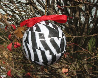 Zebra print 3" papier mache ball Christmas ornament