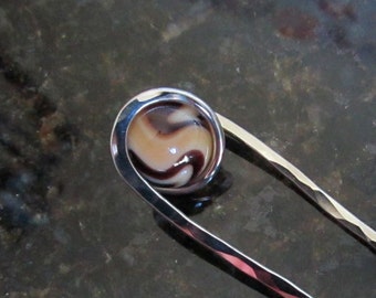 Handcrafted Hair Pin in Nickel Silver with Mocha Madness sphere - Your CHOICE of Length