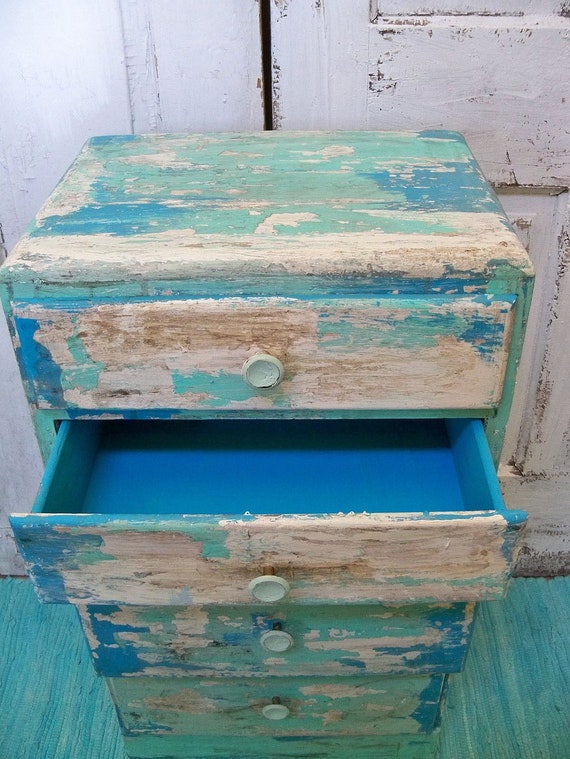 Shabby Beach cottage distressed table with drawers aqua blue