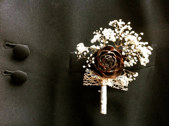 Rustic wedding boutonniere country forest pine cone winter lapel pin corsage