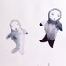 Fishes Mermaids Pebble Coral Water Original Drawing Watercolor Painting Pen Art Animal Portrait Grey White Black, "Aquarium"