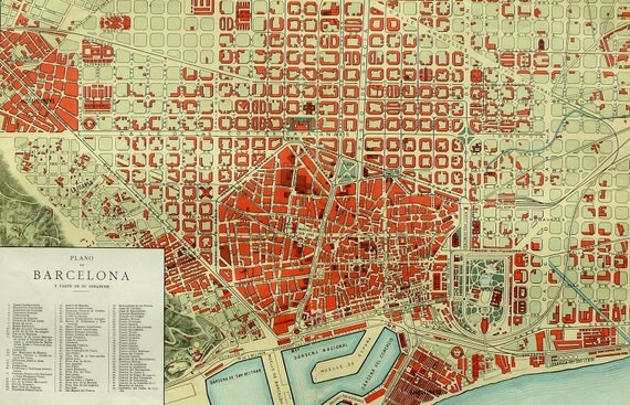 1900 Antique rare city map of BARCELONA. CATALONIA. SPAIN. 112