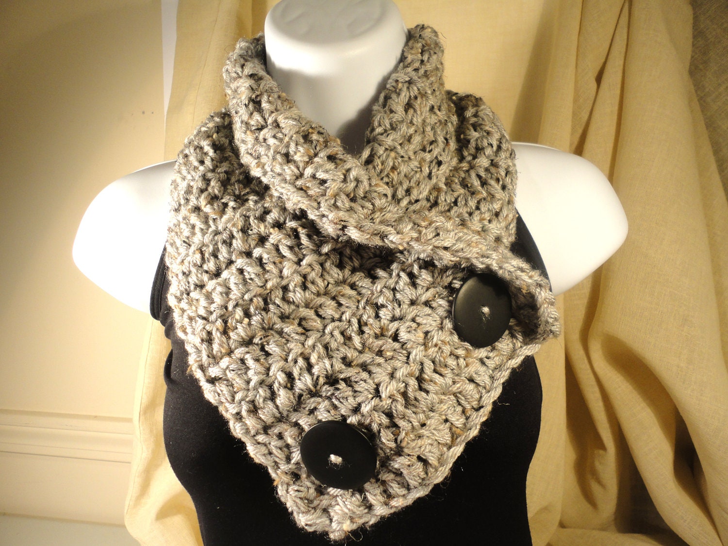 Crochet Scarf Cowl Neck Warmer with Buttons Gray Grey with