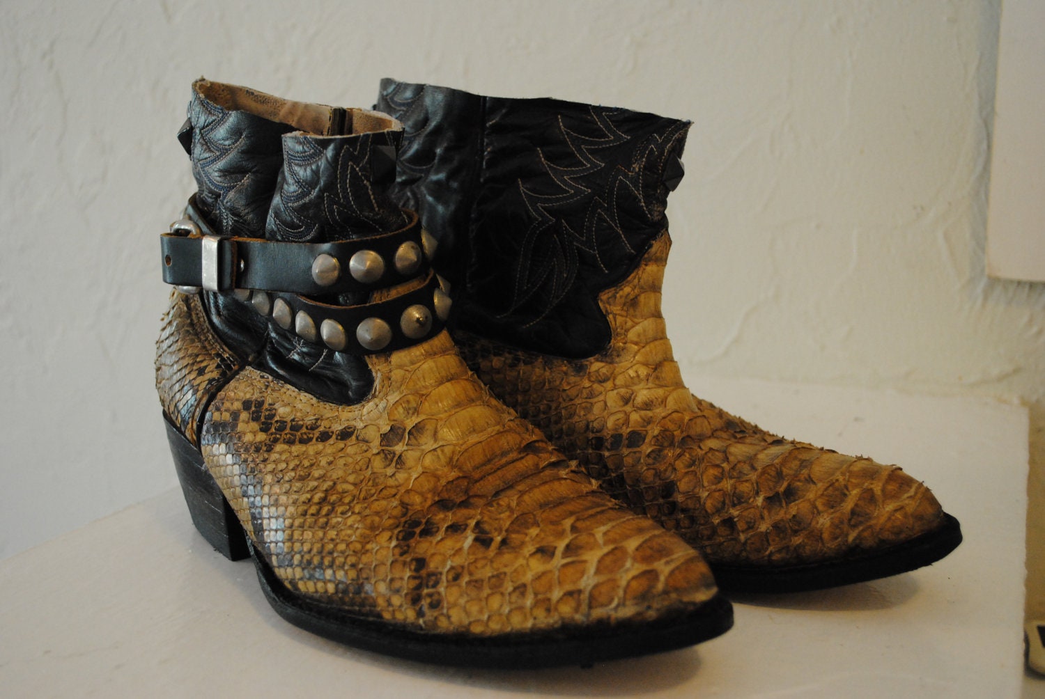 snakeskin biker boots