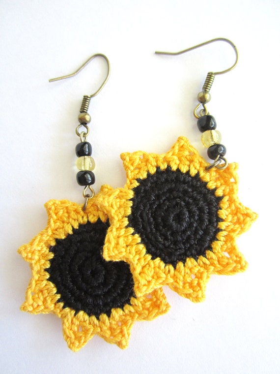 Items similar to Sunflower Crocheted Earrings on Etsy