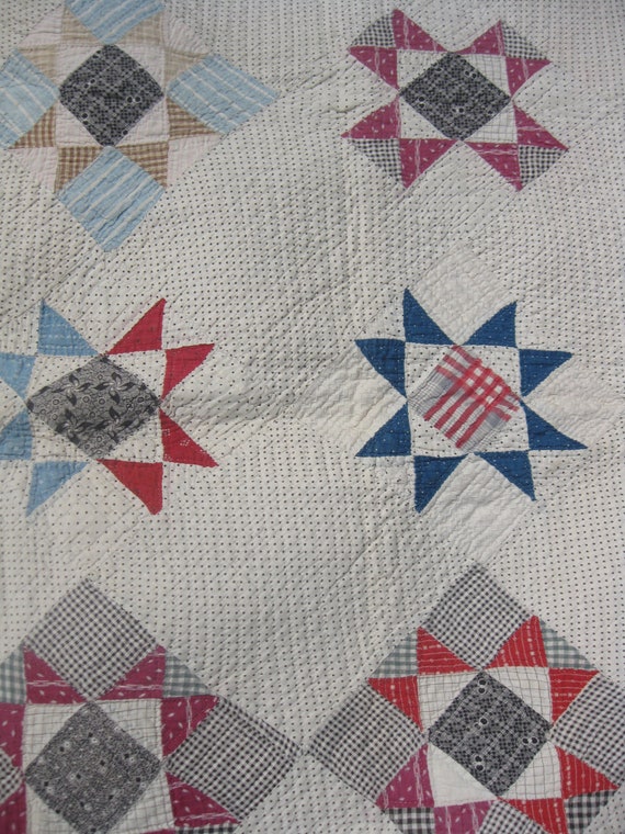 Vintage Feedsack Quilt Ohio Star Pattern Hand Stiched