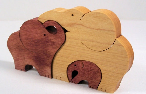 Animal puzzle Maple wood scroll saw cut 3 elephants