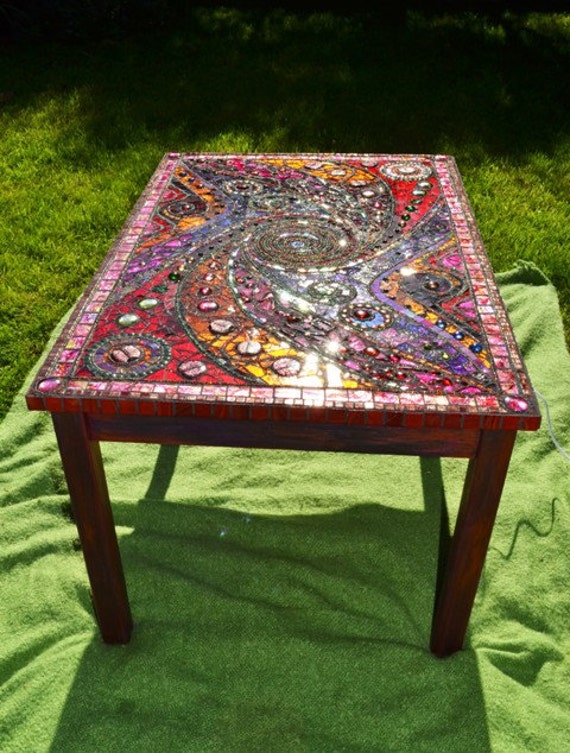 SOLD Mosaic table 'light box' spiral mosaic art