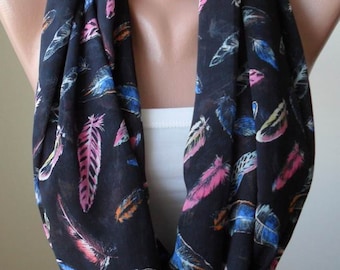 Valentines Day - Infinity Scarf - Circle Scarf - Loop Scarf - Black Scarf with Colorful Feathers