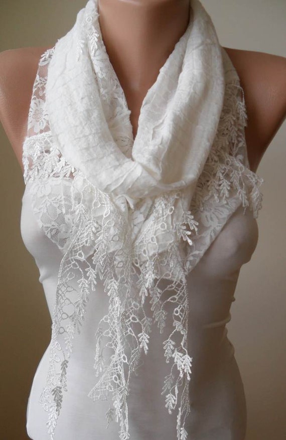 White Cotton and Lace Scarf with White Trim Edge Lace Scarf