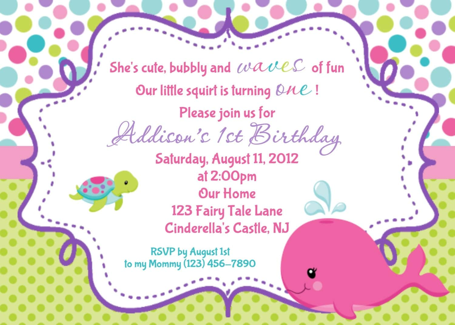 Pink Whale Birthday Invitation Personalized Custom Whale