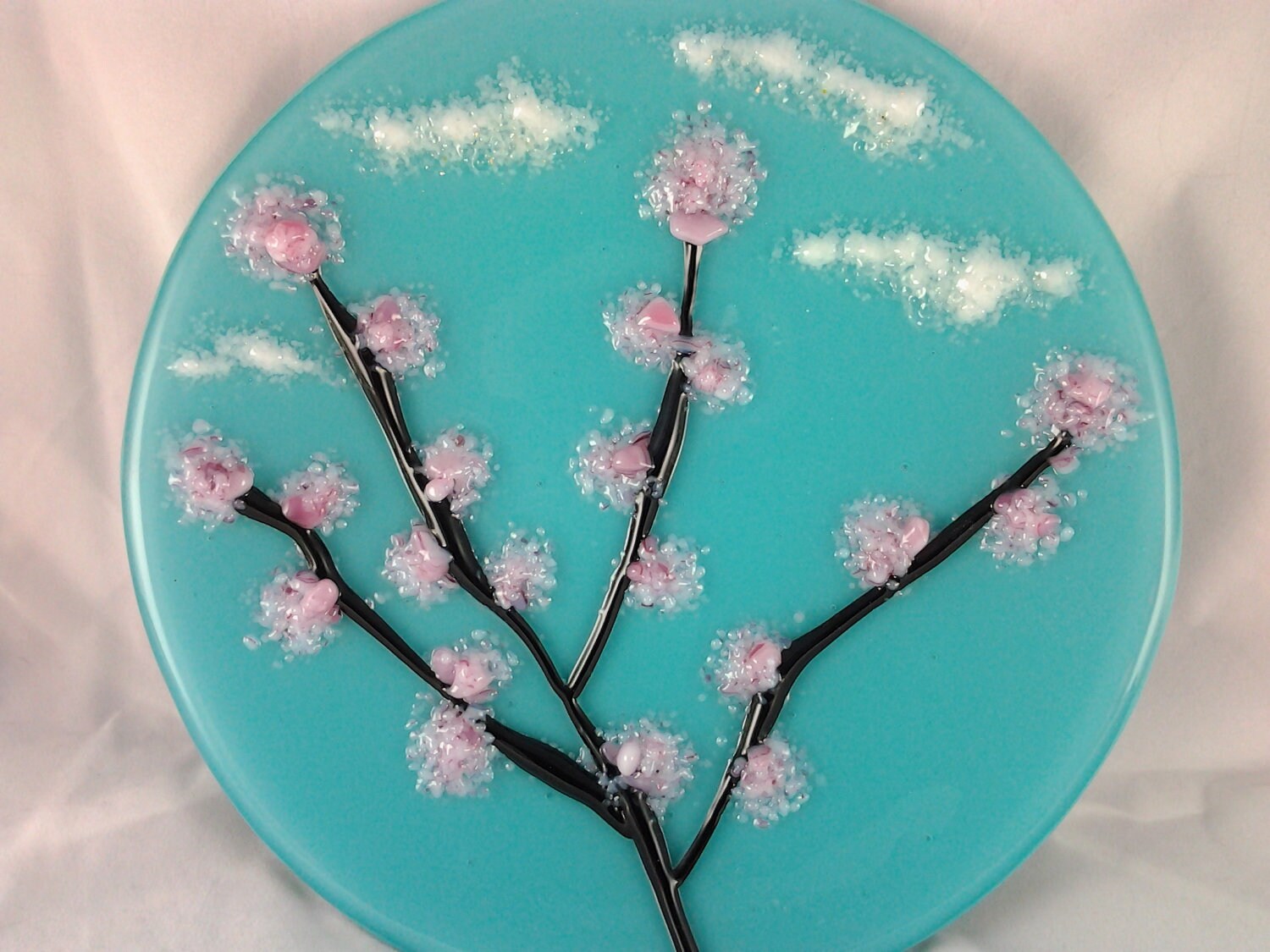 Cherry Blossom Glass Art Fused Glass Sakura Dish Turquoise