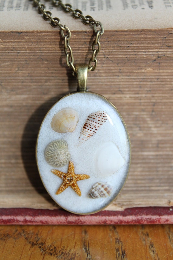 Beach Necklace Real Shells and Starfish Resin Pendant