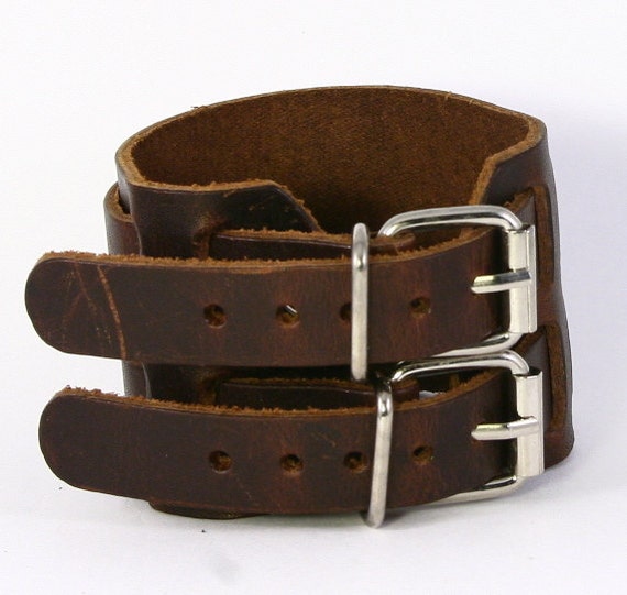 Genuine Leather Chunky Cuff Two Buckles Buckled Bracelet